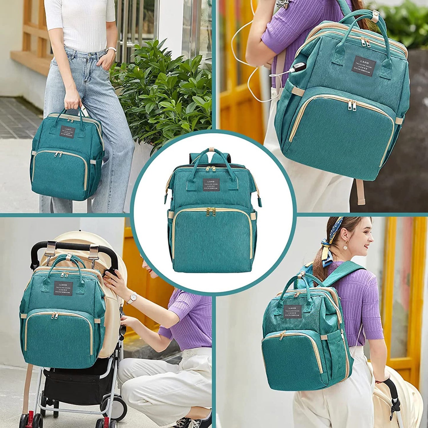 Diaper Bag with Changing Station,Diaper Bag Backpack，7 in 1 Travel Baby Diaper Bag,Mommy Bag With USB Charging Port (Green)