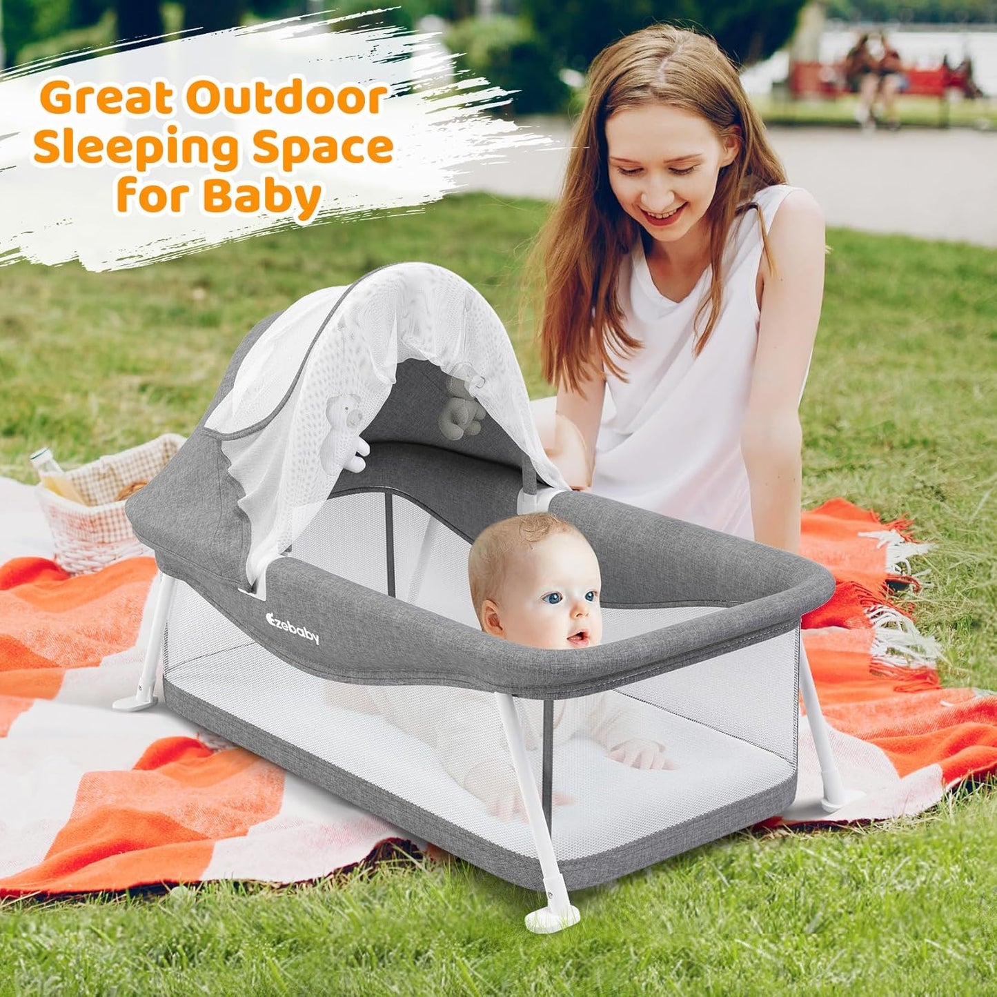 Ezebaby Portable Travel Bassinet for Baby 0-5 Months, Foldable Newborn Bassinet Baby Bed Infant Crib with Padded Mattress, Canopy, Mosquito Net, Carrying Bag