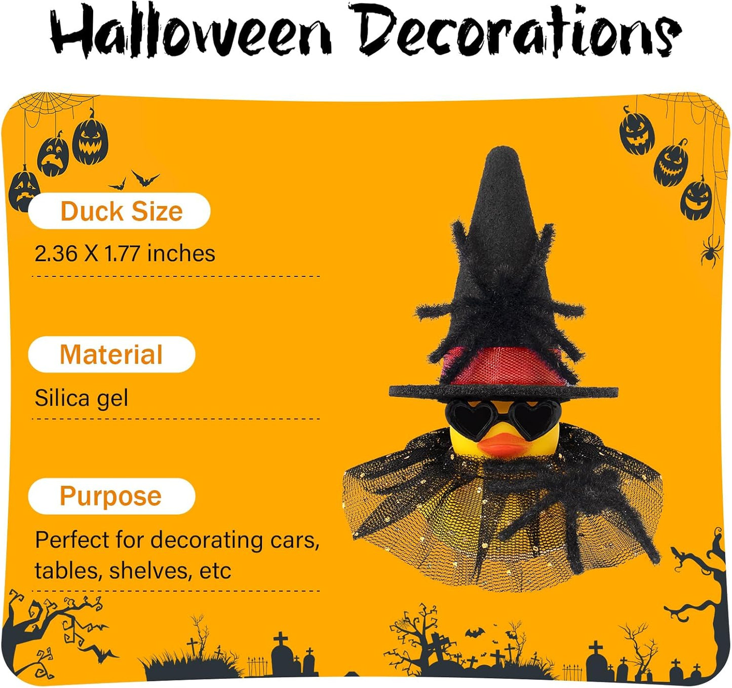 wonuu Car Dashboard Spider Witch Rubber Ducks for Halloween, Decorations Duck for Office Desk Ornament Accessories with Hat Glasses Skirt, for Halloween Party Gifts (Gold Point Skirt Red)