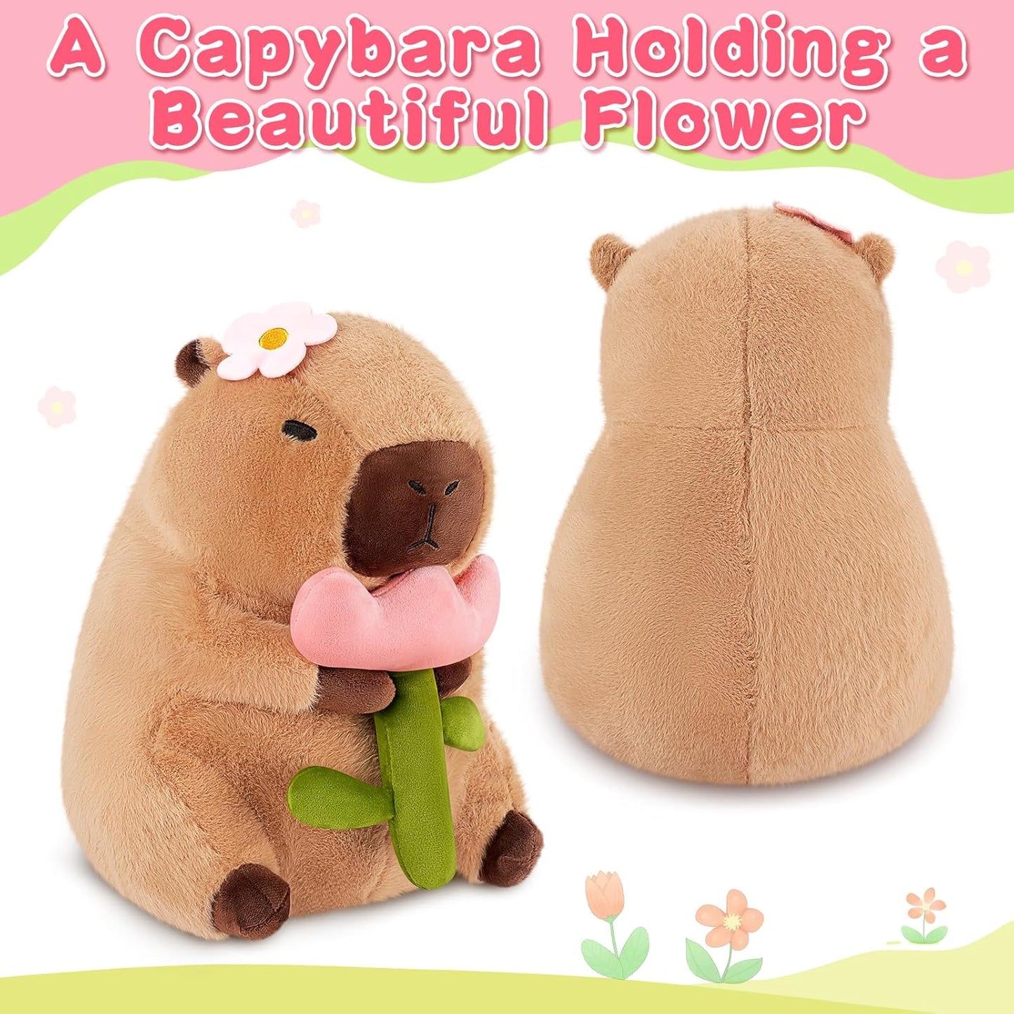 Achwishap Capybara Plush,Cute Plushies Capybara Stuffed Animals,Capybara Plush Toys,Kawaii Plushie Stuffed Toy with Flower Plushies Gift for Kids Adults Birthday(Capybara with Holding Flower,12”)