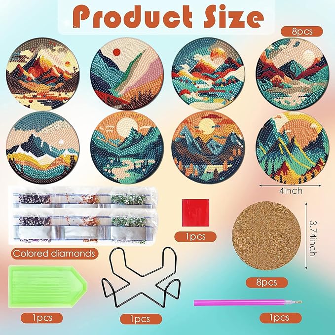 ijbnhd 8 Pcs Sunset Diamond Painting Coasters