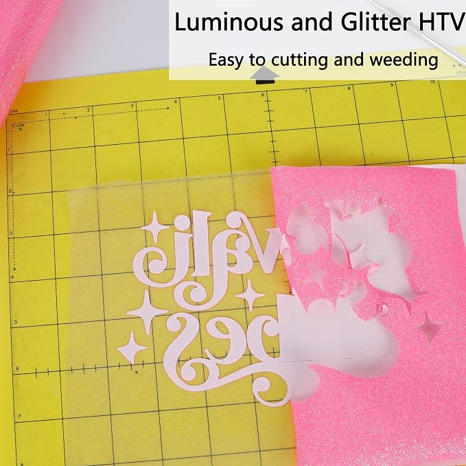 HTVVETUR Glitter Pink Heat Transfer Vinyl, Glow in The Dark HTV Vinyl Roll 12"