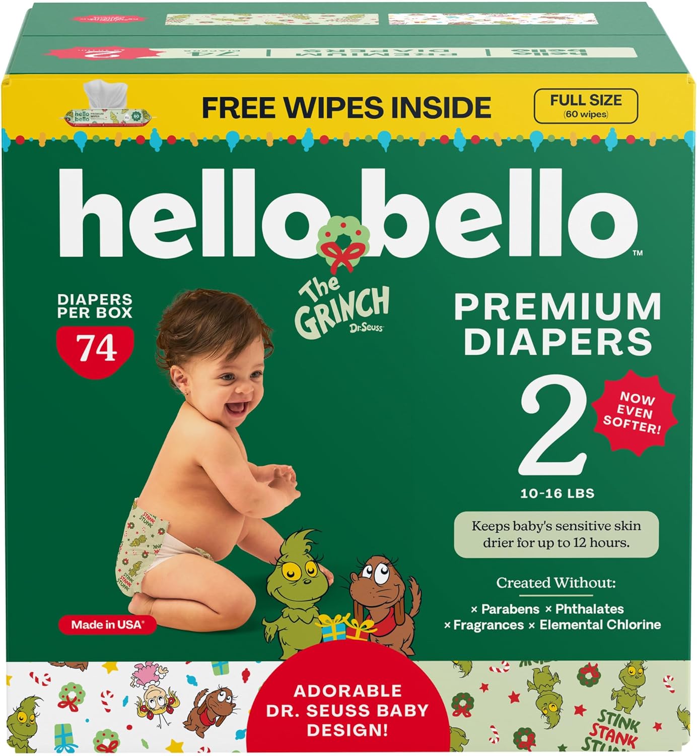 Hello Bello Dr. Seuss Baby Grinch Premium Diapers, Size 2 (10-16 lbs), 74ct Plus Bonus Wipes: Softness & Protection for Sensitive Skin