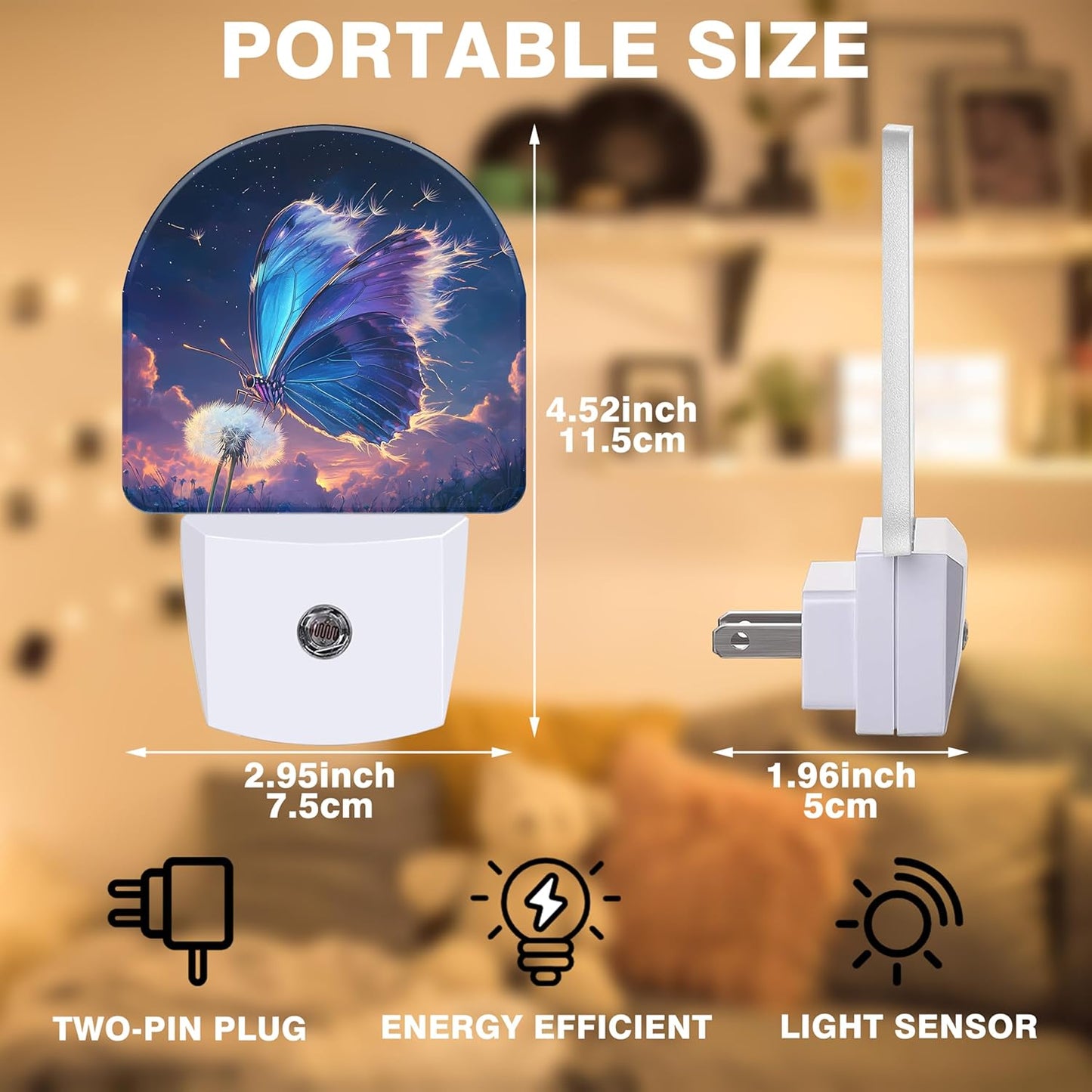 Night Light, Blue Butterfly on Dandelion Flower Night Lights Plug into Wall Dusk to Dawn Sensor Round Nightlight for Women Men Energy Efficient Led Lamp 0.5W for Stairway Hallway Bedroom