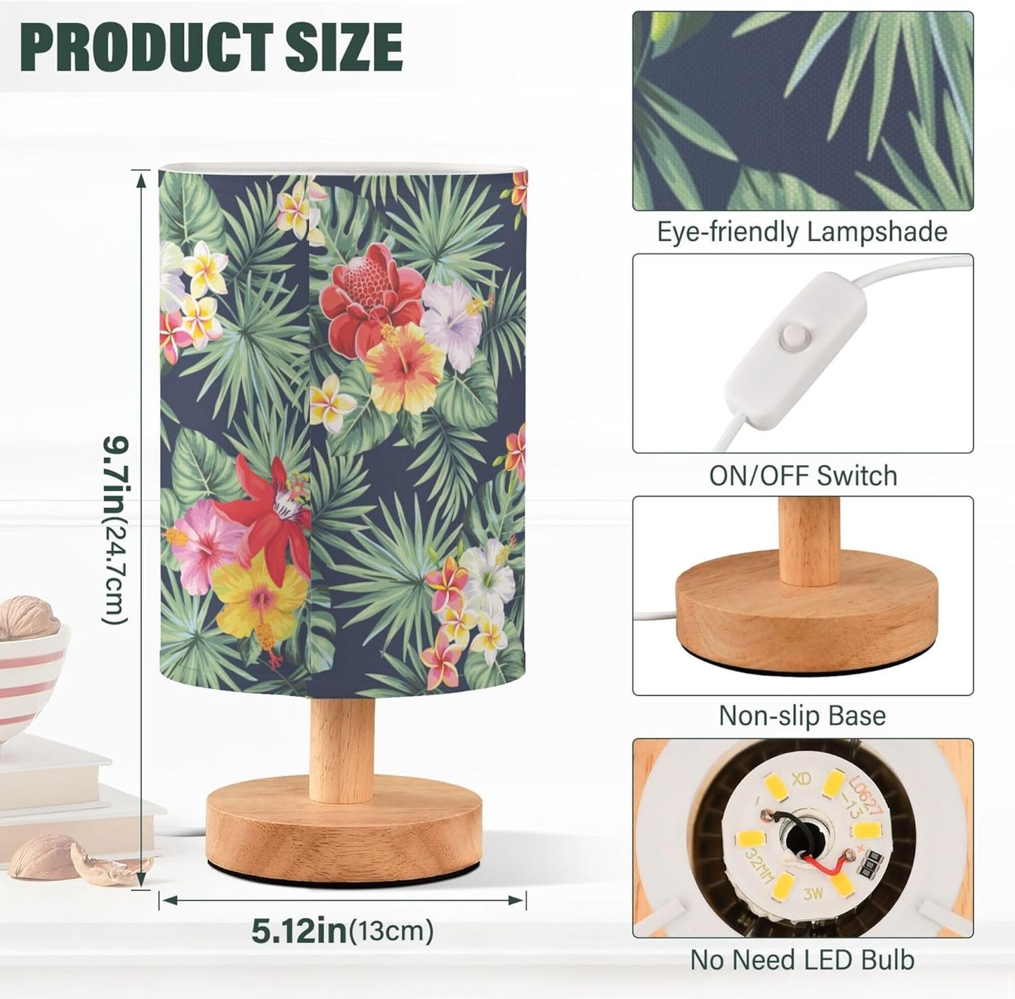 Table Lamp Tropical Palm Leaves Hibiscus Plumeria Flower Nightstand Lamp with Wood Base Fabric Lamp Shade Bedside Desk Lamp for Living Room Bedroom Kids Room Office