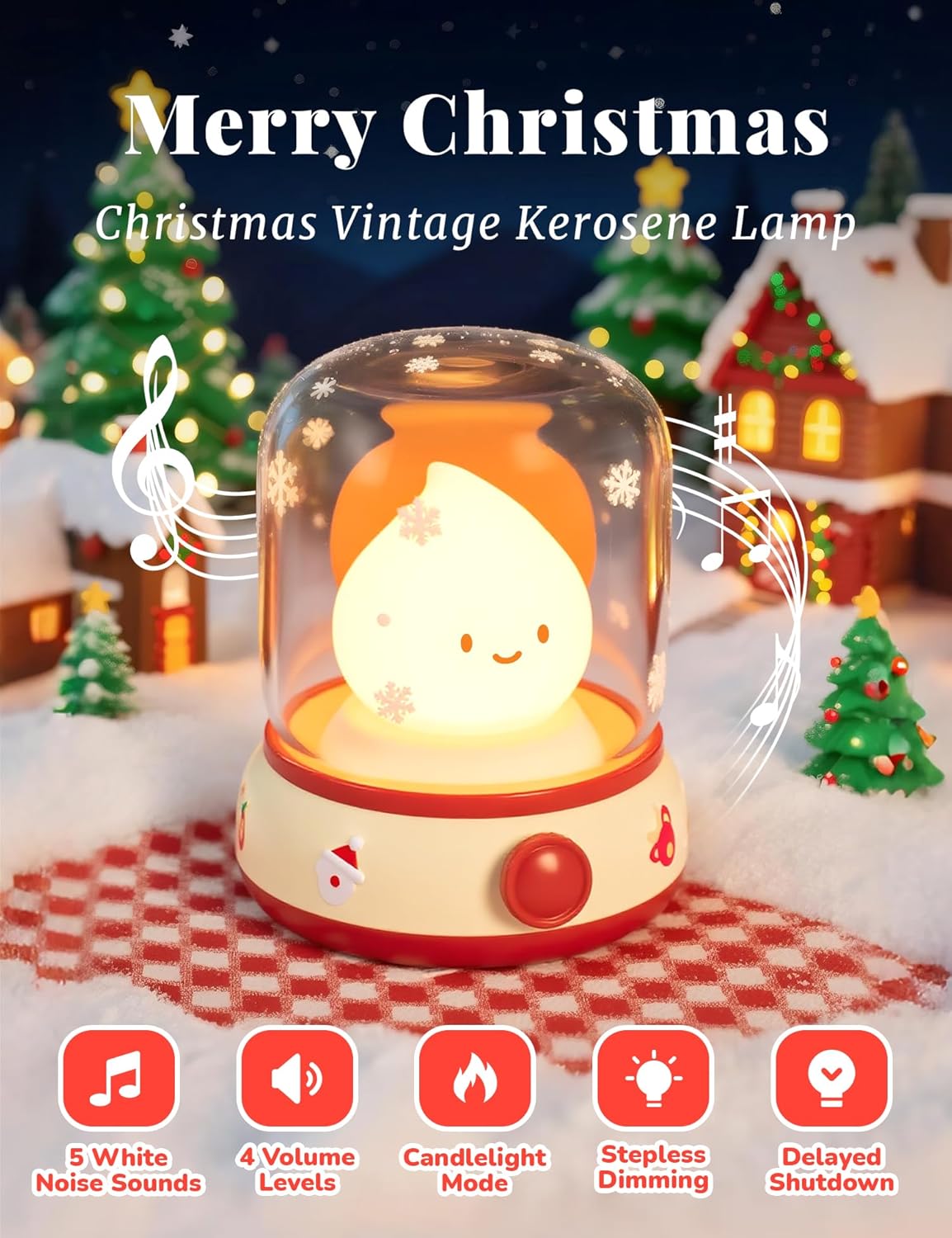 Christmas Night Light Music Box for Kids, Cute White Noise Machine Gift, Dimming, Rechargeable Portable Small Table Lamp, Best Idea for Christmas Gift Decoration