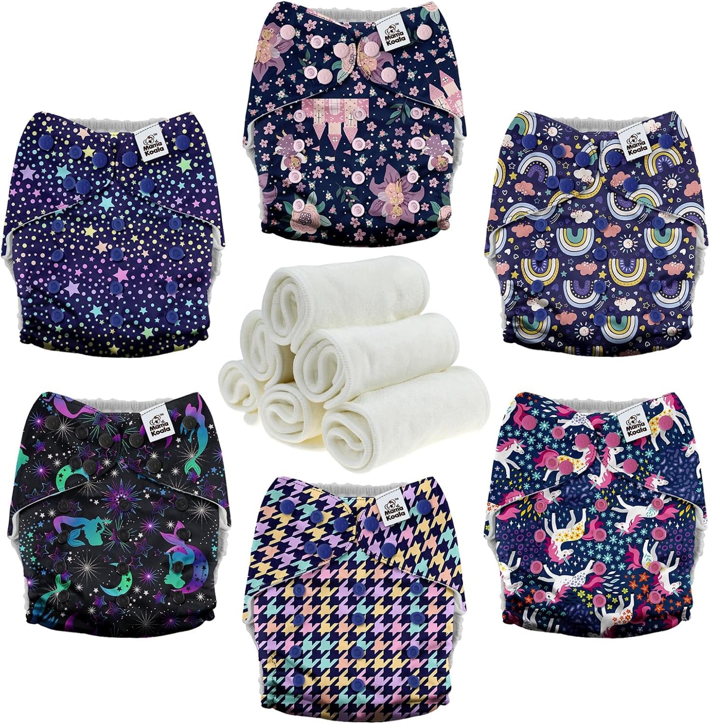 Mama Koala 3.0 Cloth Diapers for Babies with AWJ Lining, 6 Pack with 6 Natural Cloth Diaper Inserts - Reusable and Washable Pocket Diapers (Beautiful Fairy Tale)