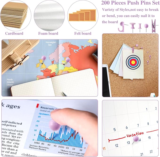 BESARME 200 Pcs Push Pins for Bulletin Board, Thumb Tacks for Cork Board |