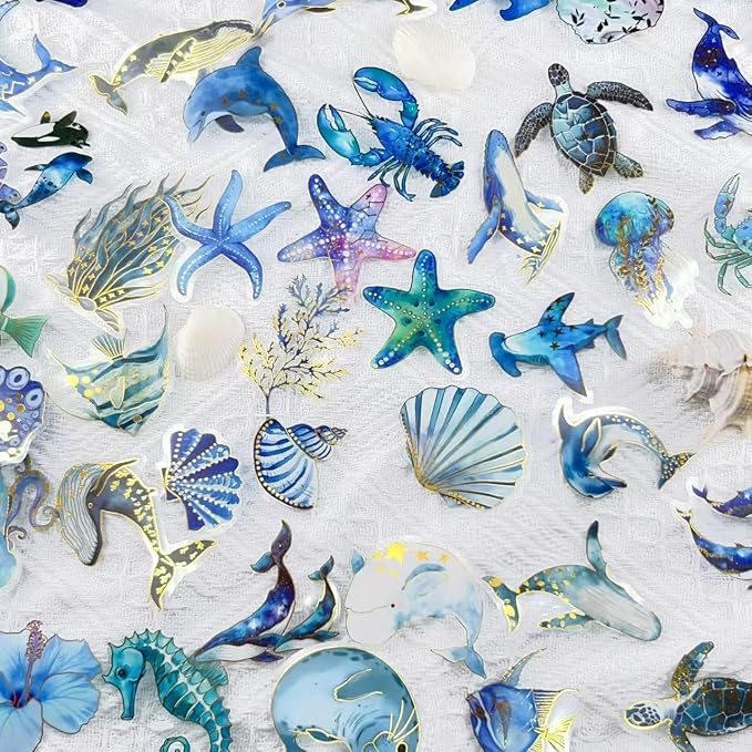 50Pcs Marine Animal Stickers Gold Sea Life Stickers