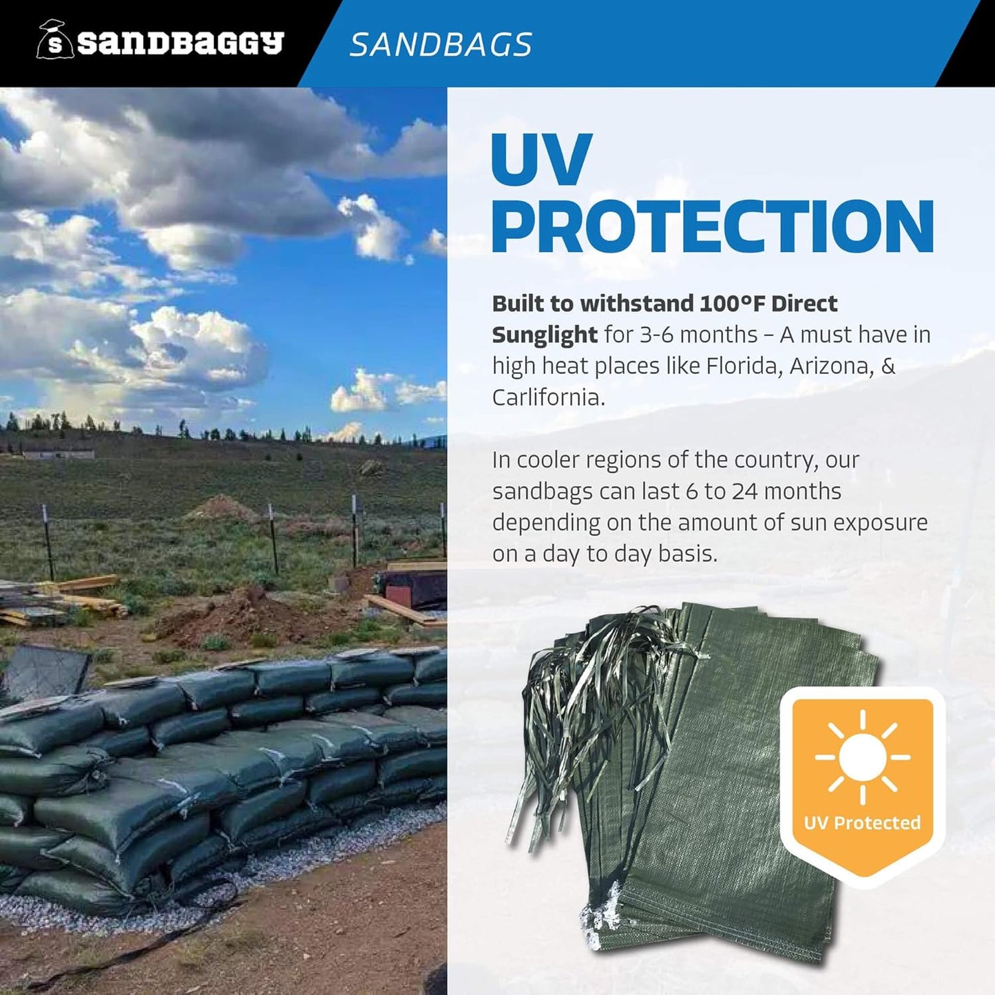 Sandbaggy - Heavy Duty Empty Sandbags For Flooding (14" X 26") - Poly Sand Bags For Flood Barrier, Weight, Construction, Earth Bag Homes - Reusable, UV Resistant - Tie Strings Attached (10 Bags)