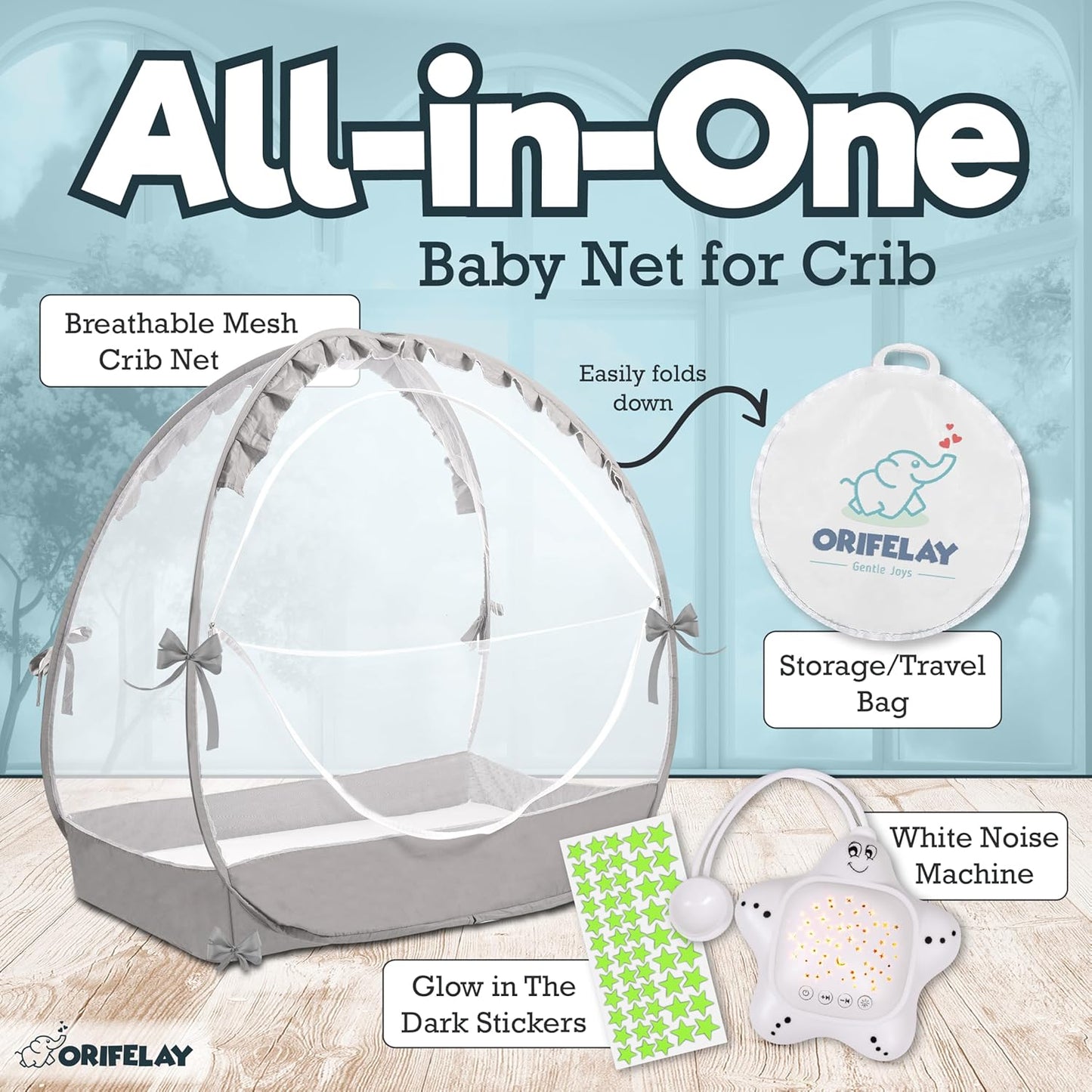 Baby Crib Tent - Toddler Bed Tent w/White Noise Machine, Wide Zipper Opening - Easy Setup Crib Cover w/Glow in The Dark Stickers & Custom Multi Color Light, Breathable Mesh Cribs Net (Gray)