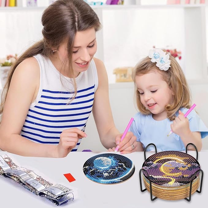 Gemozaic 8PCS Diamond Art Coasters Kit, Moon Night Landscape Diamond Painting