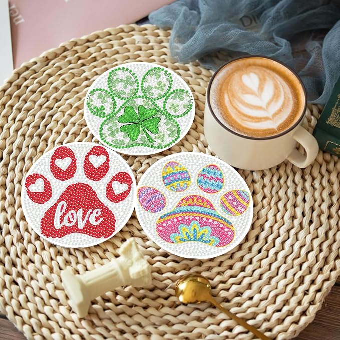8 PCS Diamond Art Coasters Kit, Cute Paw-Shaped Diamond Painting Coasters