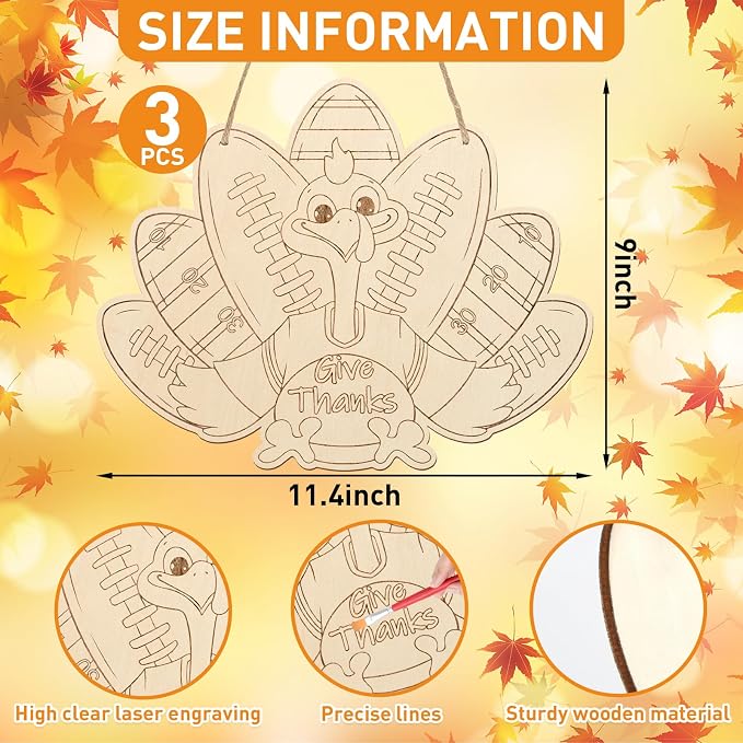 Paintable Thanksgiving Ornaments 3 Sets, Wooden Football Turkey Ornaments to