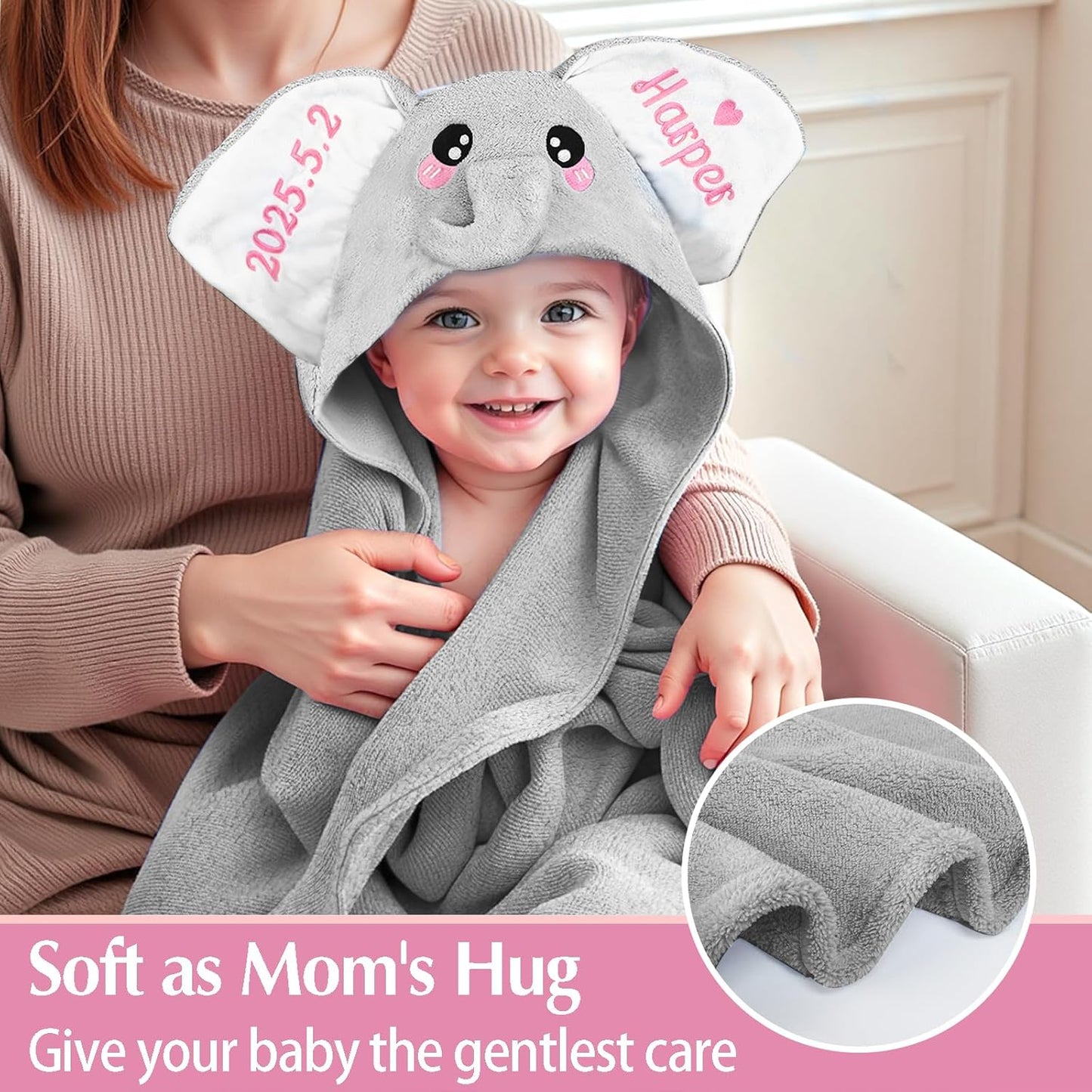 Custom Hooded Baby Towel with Name, Personalized Soft Absorbent Elephant Bath Towel, Shower Towels for Girls Boys, Easter Brithday for Kids Baby, Toddler, Newborn Essential