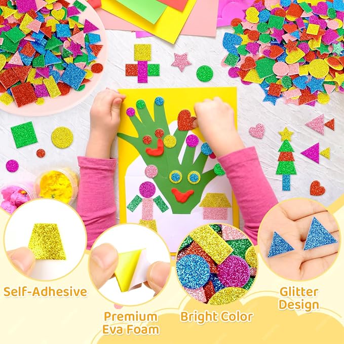 CCINEE 714 Pcs Glitter Foam Stickers 6 Colors Self Adhesive Heart Stars Circle