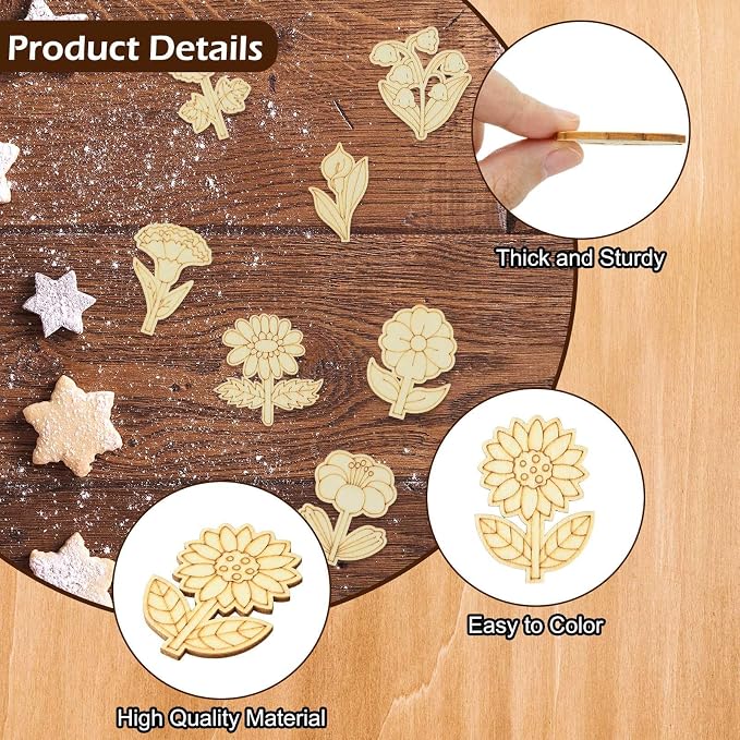 100 pcs Mixed Styles Cute Flower Theme Unfinished Wooden Cutout Charms