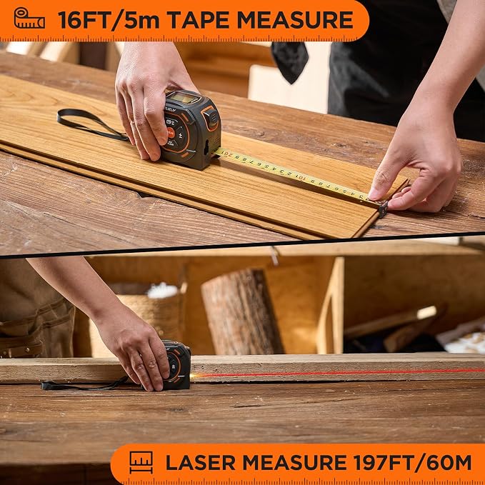 Laser Tape Measure 2-in-1, 197Ft Laser & 16Ft Digital Tape Measure | LCD Display