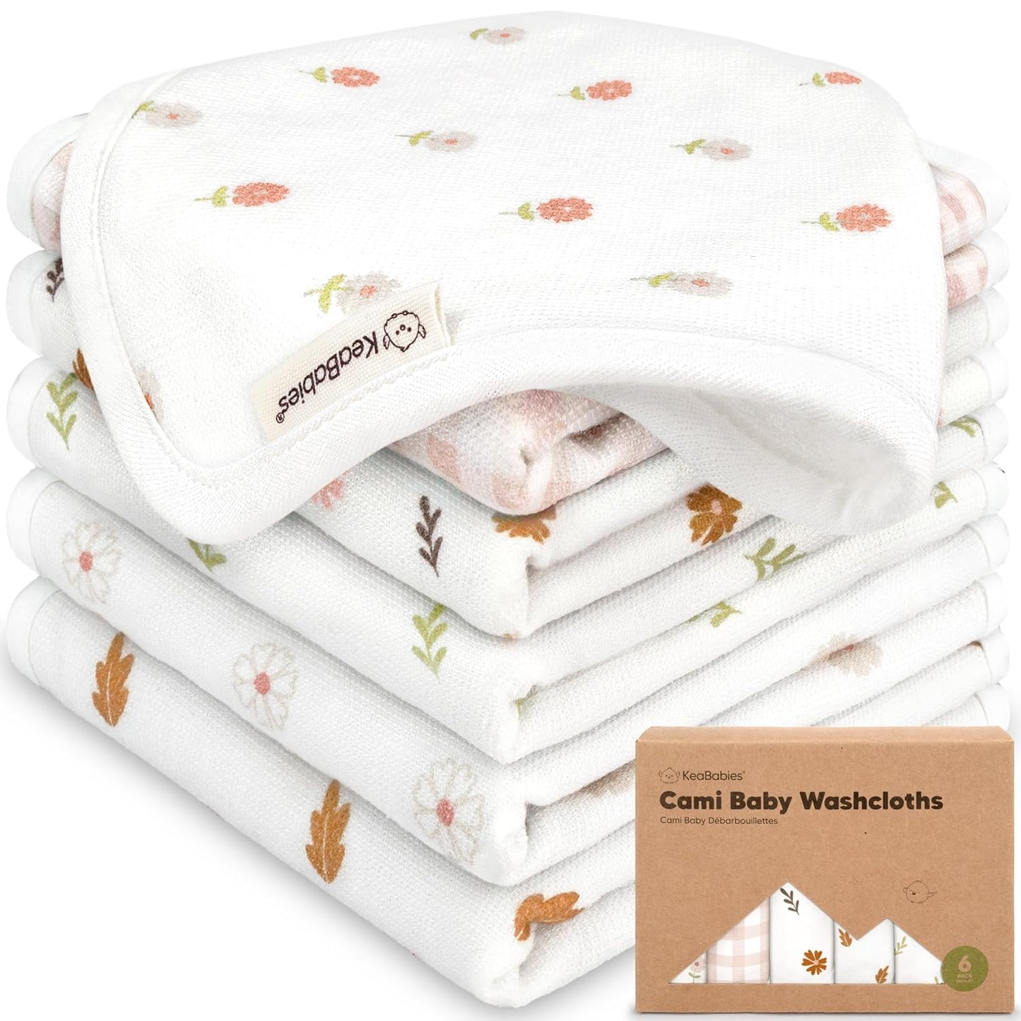 6-Pack Cotton Baby Washcloths for Newborn - Organic Cotton Muslin Soft Wash Cloths for Babies, Infant, Kids, Toddler Towels for Boy, Girl, Super Absorbent Face Cloths, Scratch-Free Baby Rags (Petals)