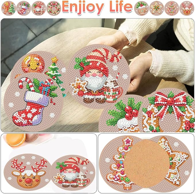 ijbnhd 8 Pcs Christmas Diamond Painting Coasters Kits Diamond Art Coasters |