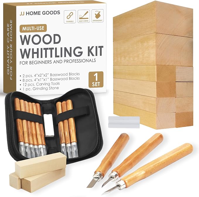 JJ CARE Wood Carving Kit, 10 Basswood Blocks, 1 Grinding Stone & Storage Case