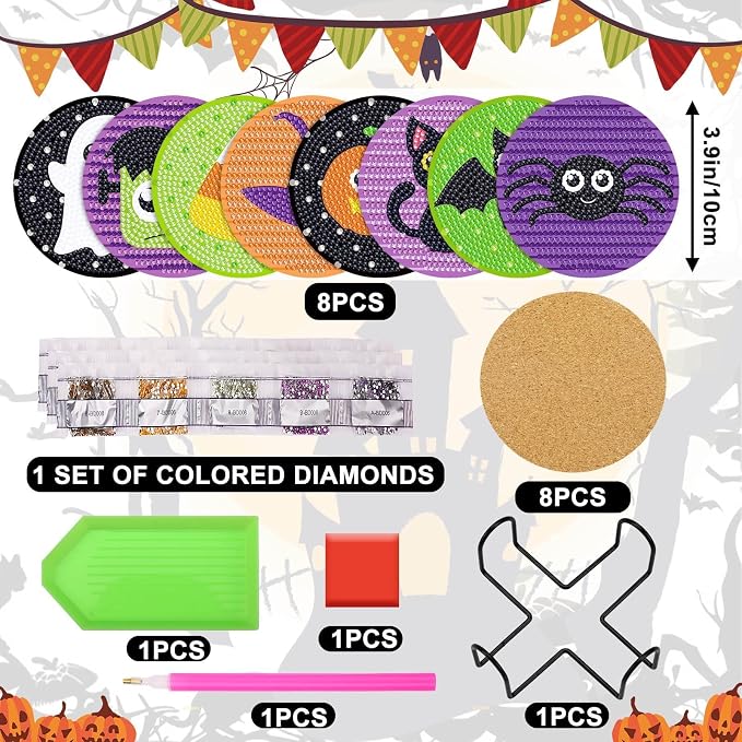 UPINS 8Pcs Halloween Diamond Art Painting Coasters Kits