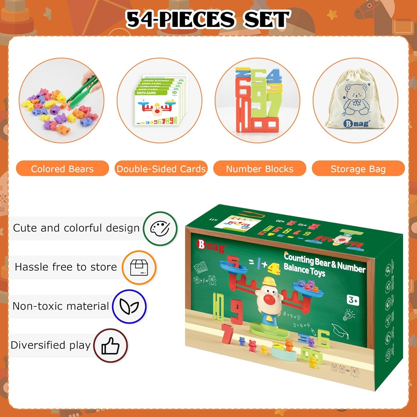 Bmag Balance Math Toys, 3 in 1 Counting Stacking and Balancing Math Learning Game for Kids, STEM Learning Activities Educational Toys with 30 Bears, 10 Numberblocks, 1 Tweezers, 11 Activity Cards