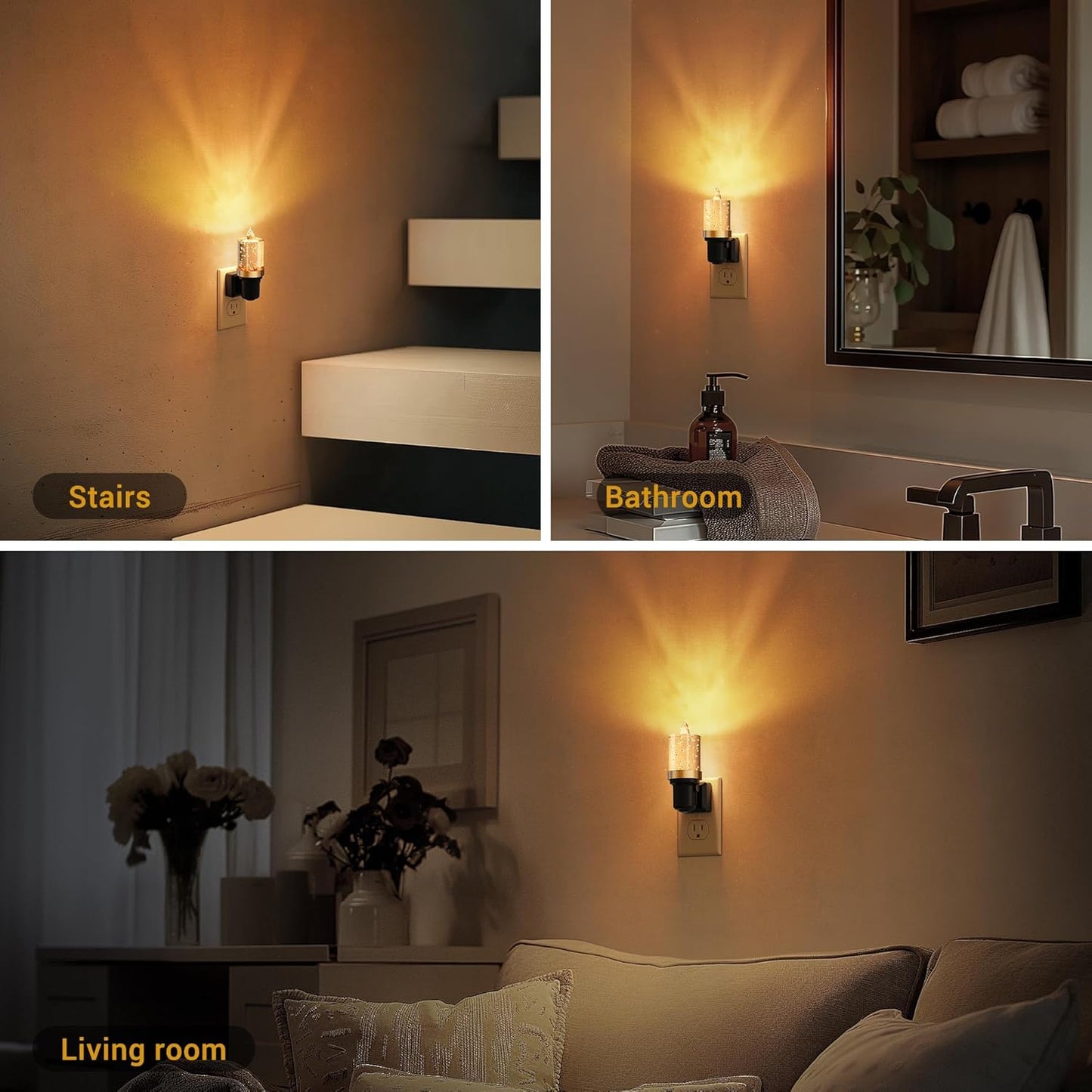 JandCase LED Night Light, Candle Night Lights Plug into Wall Amber, Auto On/Off Light Sensor Nightlight, 0-100LM Brightness Dimmbale Nightlight, for Bathroom Hallway Bedroom Kids Room 2Pack