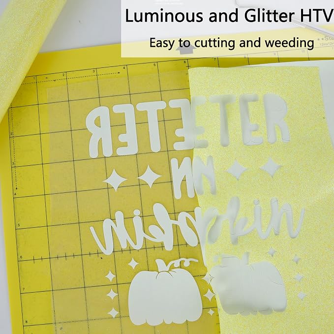 HTVVETUR Glitter Yellow Heat Transfer Vinyl, Glow in The Dark HTV Vinyl Roll
