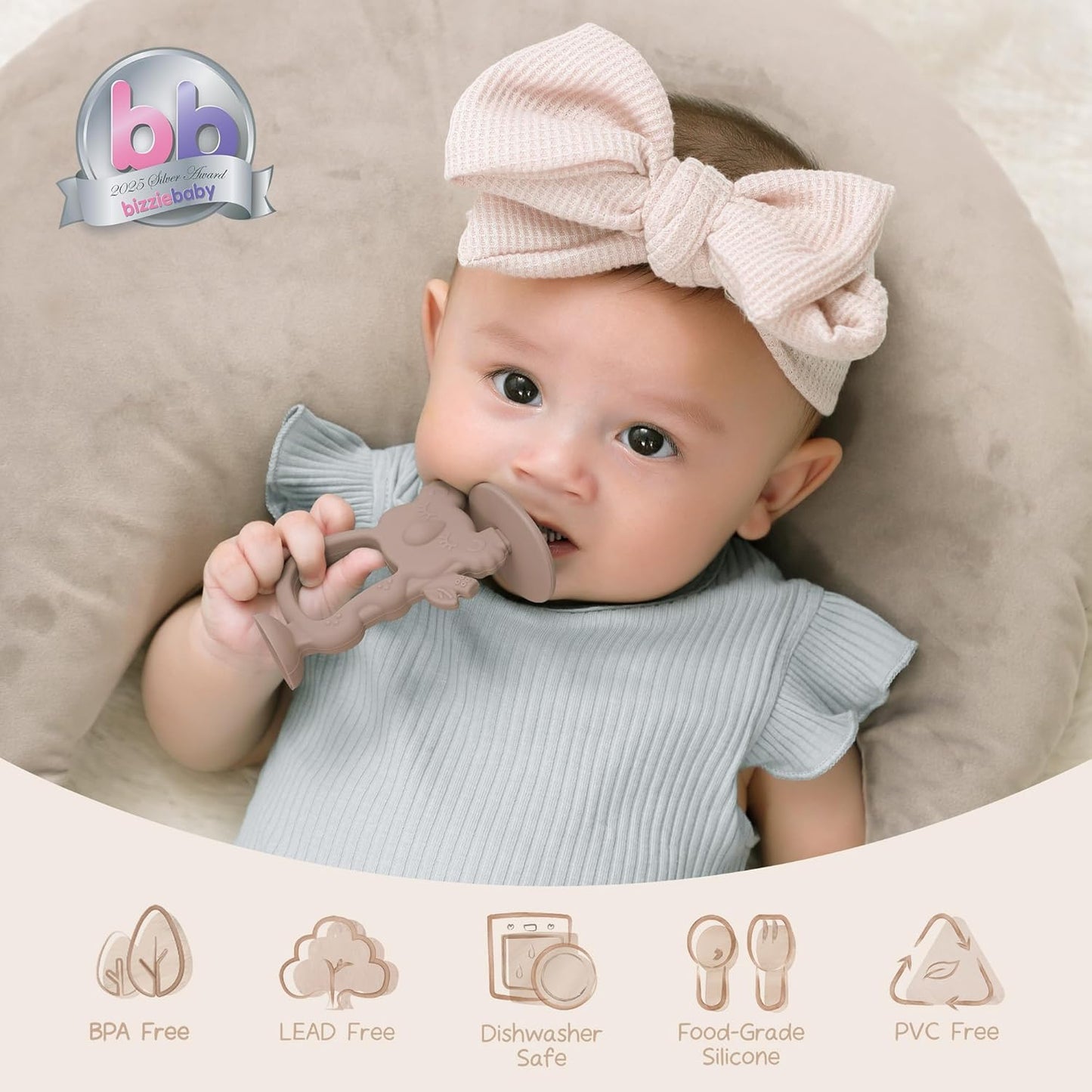 Moonkie Teething Toy Set of 2, Safe & Easy to Hold BPA Free Silicone Teethers, 360° Baby Toothbrush with Suction Base, Teether Toys Best for Babies 6-12 Months (Koala Ether/Sage)