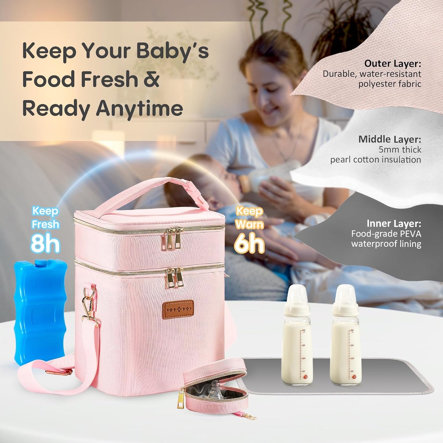 Breastmilk Cooler Bag with Ice Pack & Pacifier Case, Large Double Layer Insulated Baby Bottle Cooler Fits 6 Bottles, Breast Pump Storage Bag for Working Nursing Moms, with Gift Box