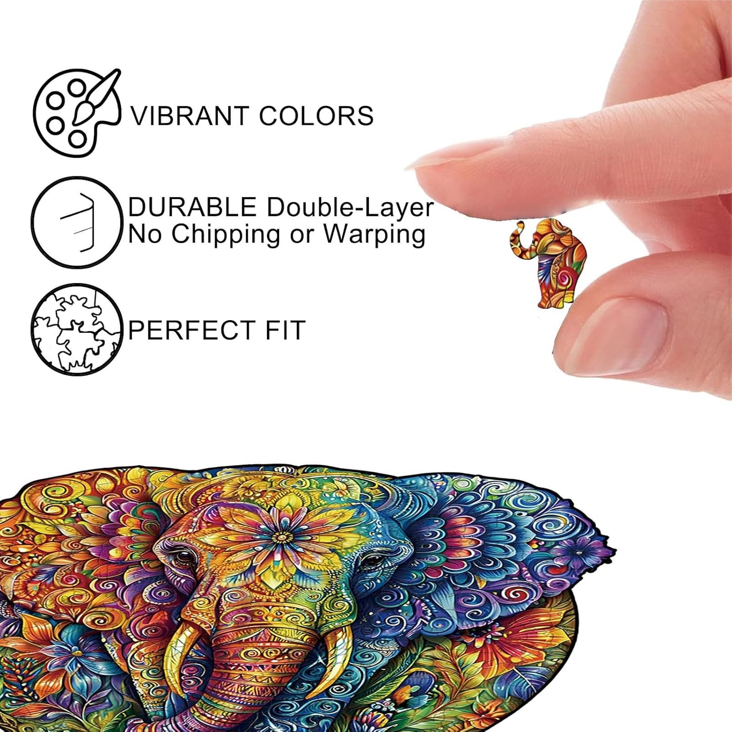Wooden Jigsaw Puzzle for Adults - Mandala Elephant Unique Animal Shaped, 11.1x11in, 200 Pieces, Zen Art, Challenging and Fun Gift