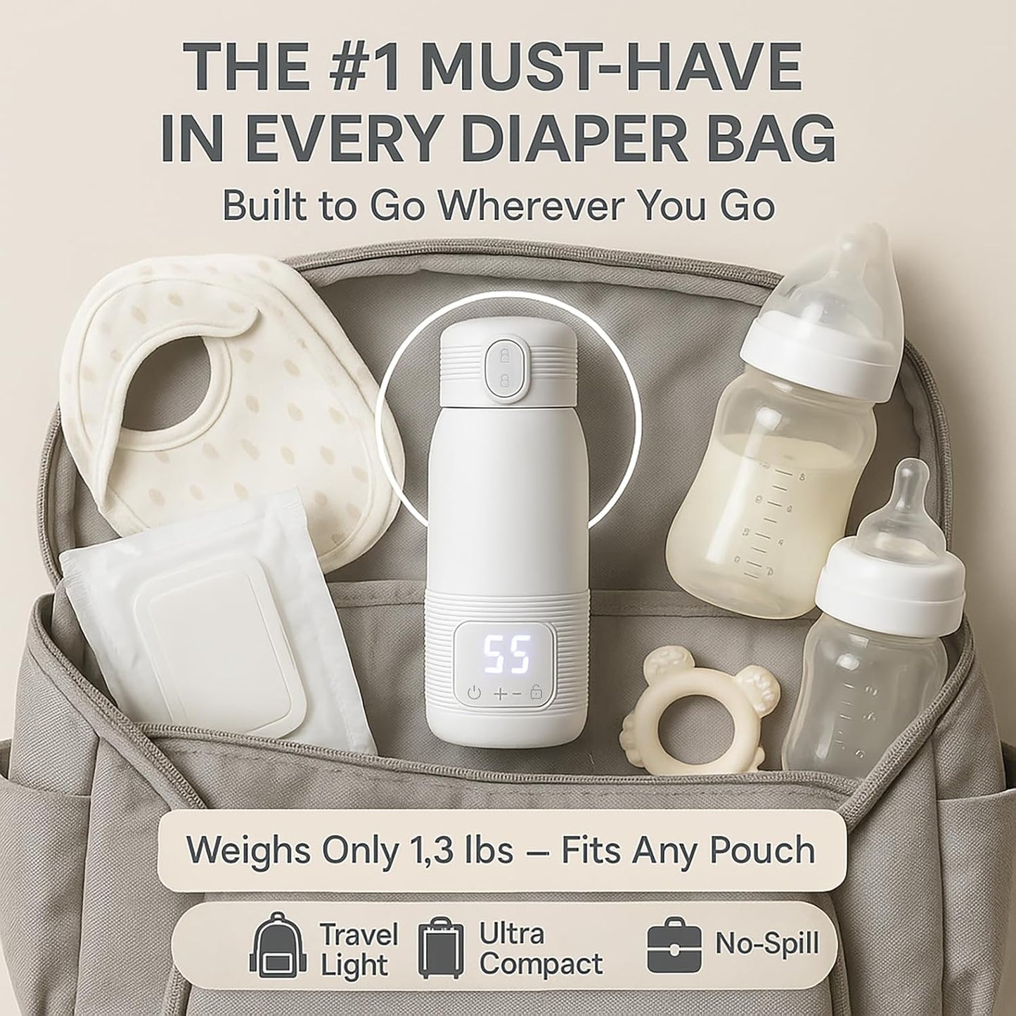 Portable Bottle Warmer for Travel – 12oz Portable Milk Warmer for Travel, LED Display, 3-Min Fast Heating, 10H Battery Life Leakproof for Breastfeeding, Formula, Camping Car Use (White, 12 oz)
