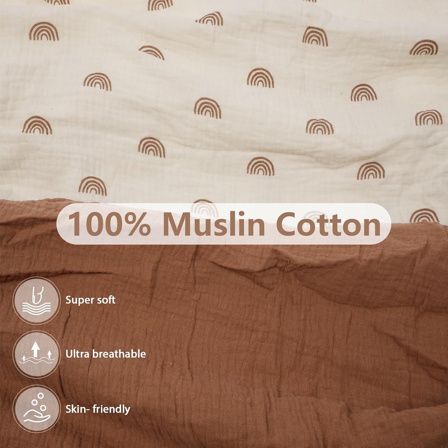 2 Pack Soft Muslin Baby Mini Crib Sheets, 100% Cotton Breathable Double Layer Fitted Sheets for Mini Crib and Pack N Play Mattresses 24x38 Inches, for Baby Girls and Boys (Brown & Rainbow