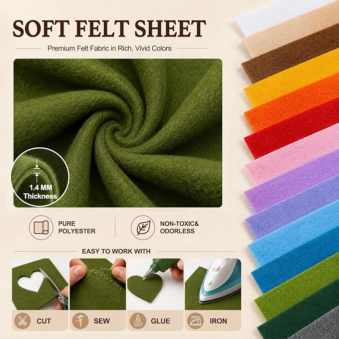 Moss Green Large Felt Fabric 36" x 36", 1.4 mm Soft Felt Sheet, Nonwoven Fabric