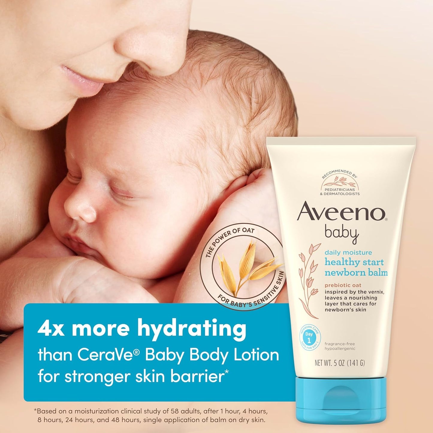 Aveeno Baby Healthy Start Nourishing Newborn Balm, Hypoallergenic Baby Skin Balm with Prebiotic Oat Leaves a Nourishing Layer to Care for Newborn Skin, Fragrance-Free, 5 oz