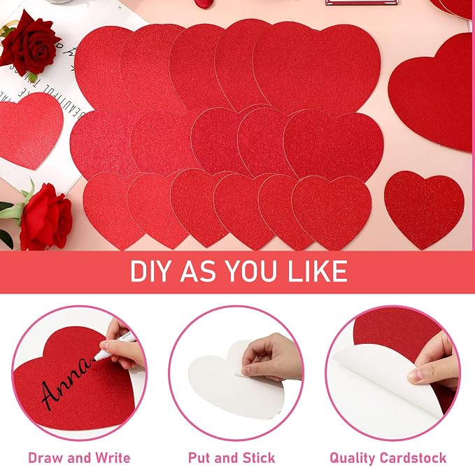JarThenaAMCS 45Pcs Valentine' s Day Heart Cutouts Red Pink Glitter Heart Shaped