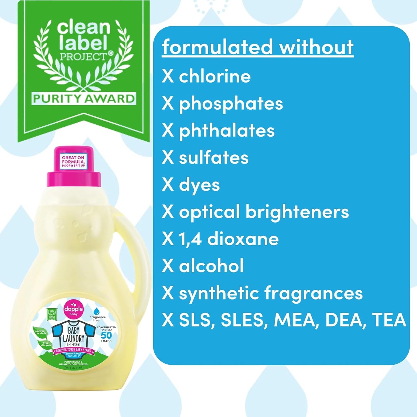 Dapple Baby Laundry Detergent, Plant Powered, Hypoallergenic, Fragrance Free, Concentrated, 50 fl oz (Pack of 2)