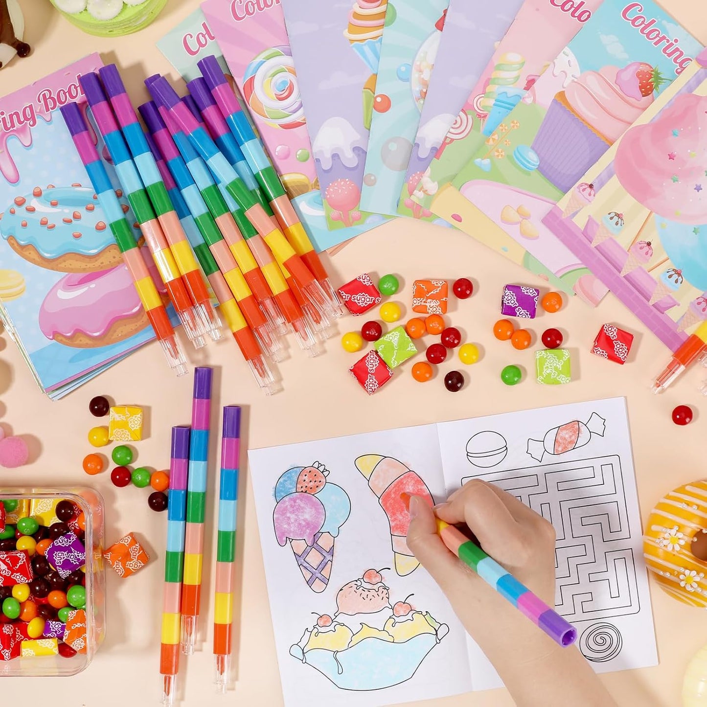 BenLouis 12 Donut Candyland Mini Coloring Books Kids with 12 Stacking Crayons Ice Cream Party Favors Small Activity Books Bulk for Kids Sweet Treats Desserts Birthday Party Gift Goodie Bag Stuffers