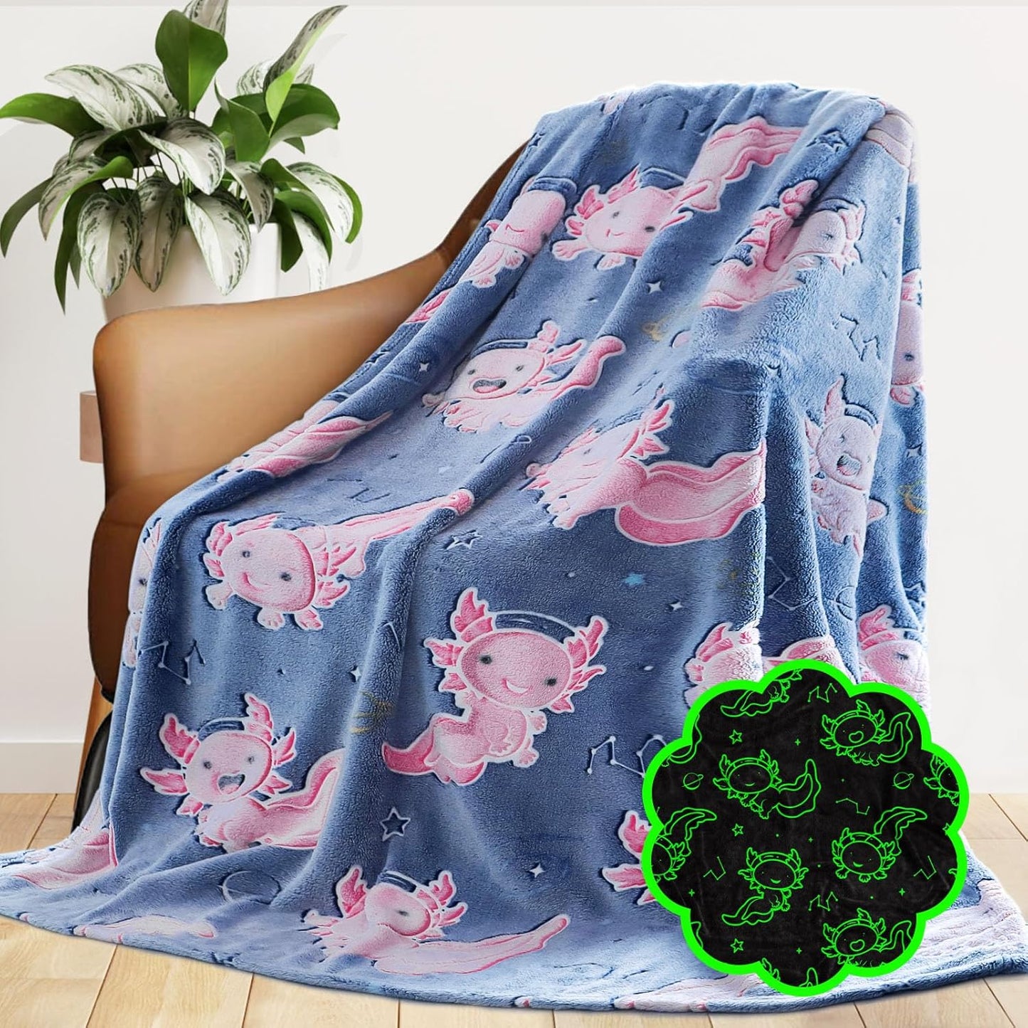 Axolotl Blanket Glow in The Dark for Girls - Pink Axolotl Gifts for Teens Girls, Salamander Soft Blankets Cute Cozy Plush Toys for Kids Boys, Lightweight Fleece Throws for Couch & Bed Decor 50x60inch
