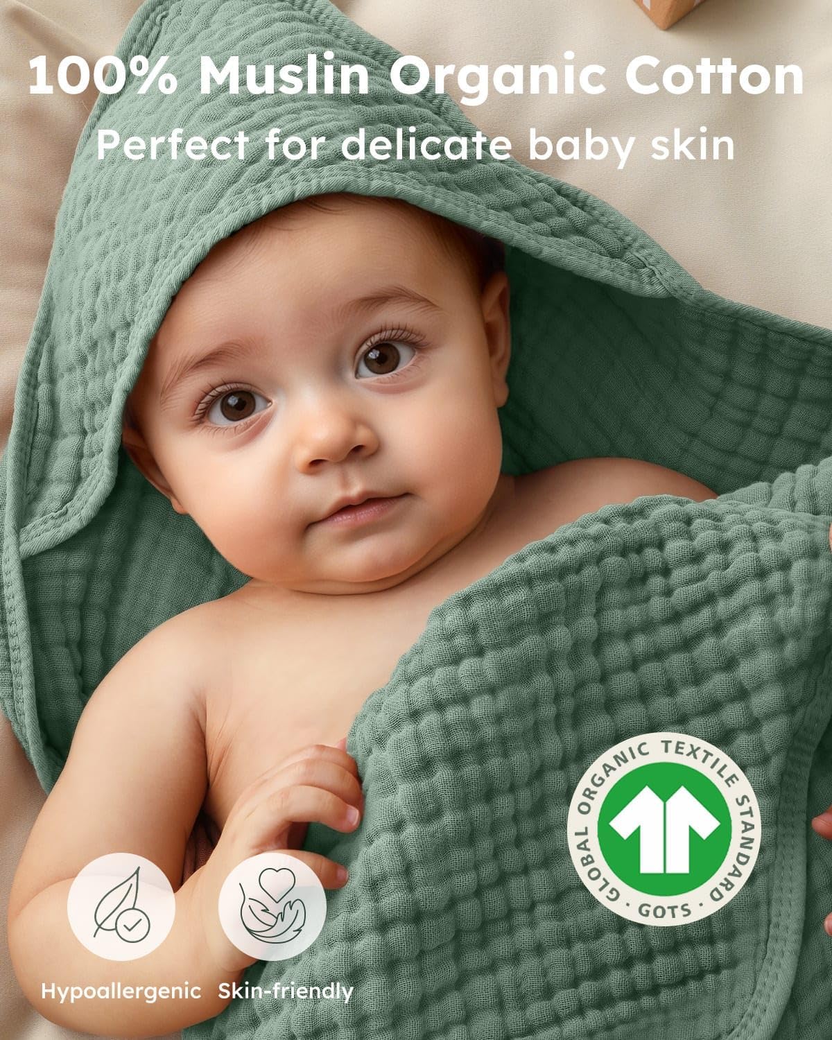 Yoofoss Hooded Baby Towels for Newborn 2 Pack 100% Muslin Organic Cotton Baby Bath Towel with Hood for Babies, Infant, Toddler and Kids,37.5“x37.5“,Soft and Absorbent Newborn Essential,Grey&Dark Green