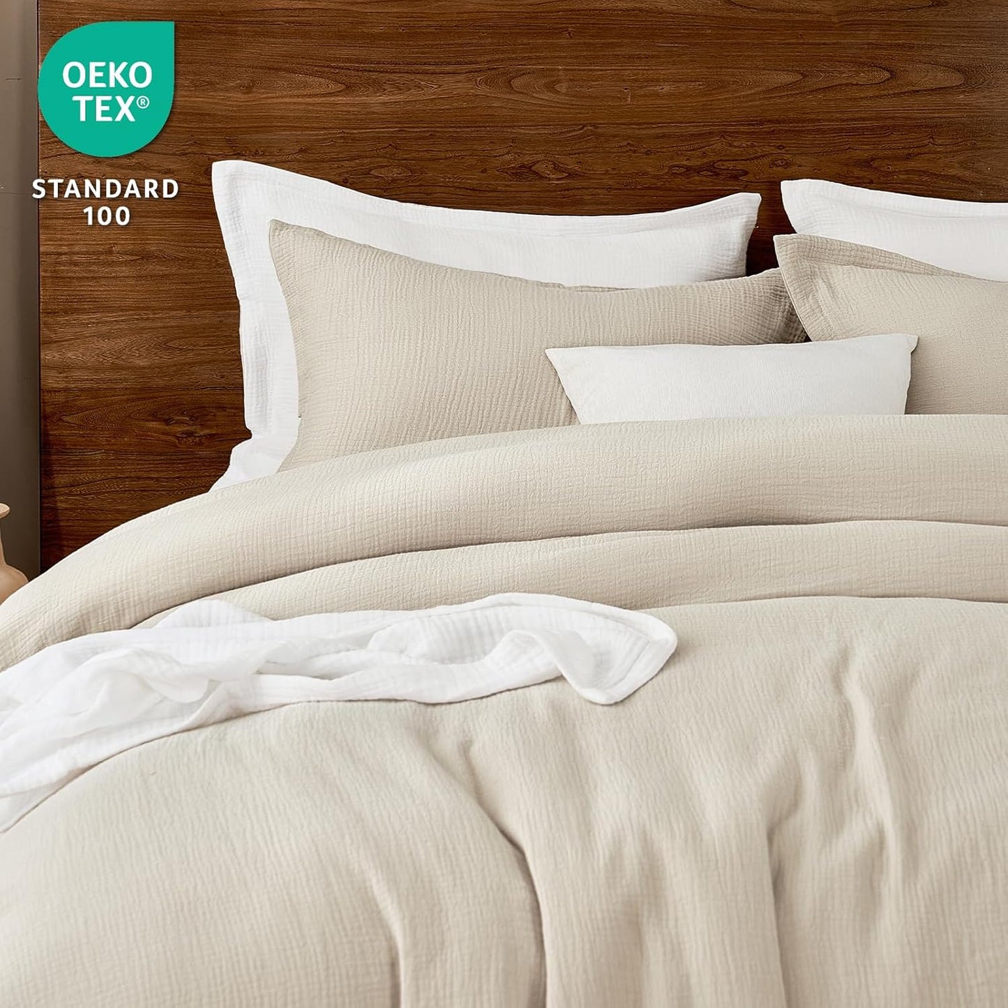 PHF Cotton Muslin Comforter Set Queen Size – Ultra Soft, Breathable & Lightweight Bedding Set for All Seasons, 3 Pieces - 1 Comfy Comforter 90"x90", 2 Pillow Shams 20"x26", Natural
