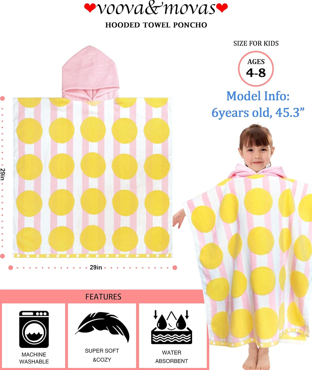 VOOVA & MOVAS Kids Poncho Towels with Hood (4-8Years), Absorbent Quick Dry Lightweight Hooded Beach Towel for Pool | Swim | Bath, Pink Strip Dot