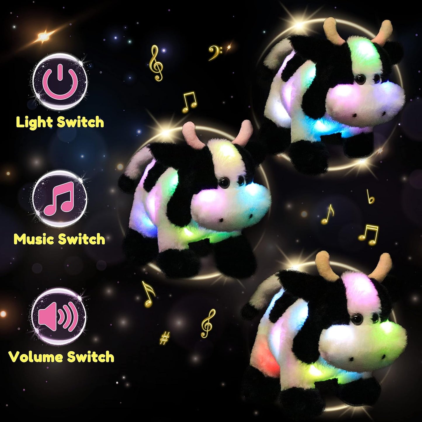 Hopearl LED Musical Stuffed Cow Lighting Up Singing Plush Toy Adjustable Volume Lullaby Animated Soothe Birthday Festival for Kids Toddler Girls, 12''