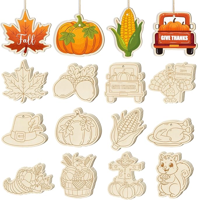 36PCS Wooden Thanksgiving Decoration Fall Ornaments to Paint Happy Thanksgiving