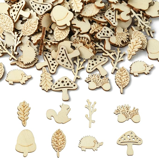 200 Pcs Unfinished Wooden Animal Plants Cutouts Squirrel Hedgehog Leaf Shapes