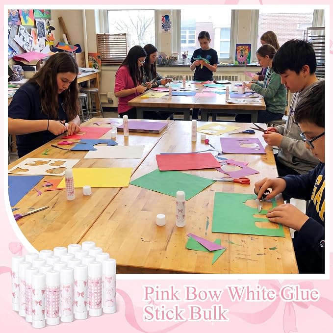 Sabary 100 Pcs Pink Bow White Glue Stick Bulk Washable Glue Sticks 0.32 oz