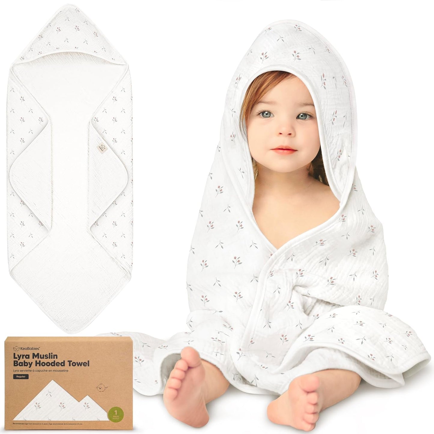 KeaBabies Muslin Baby Bath Towels with Hood for Girls, Boys -Large Organic Cotton Hooded Baby Towels for Newborns,Toddlers,Infant,Kids,Soft Absorbent Newborn Bath Essentials Gift Set(Petunia, Regular)