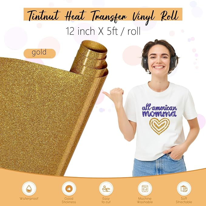Tintnut Old Gold Heat Transfer Vinyl Roll, easy cut & weed, stretch washable