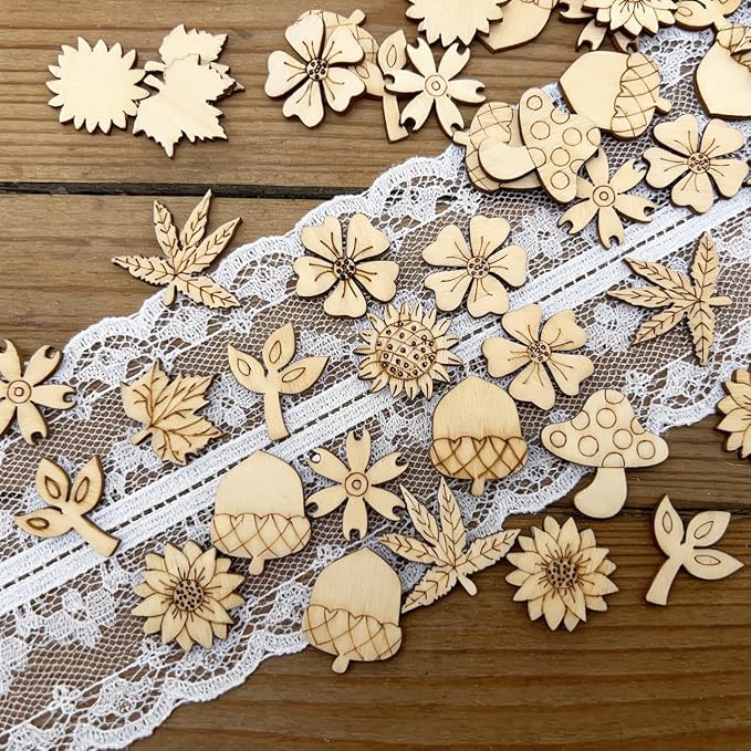 100 Pcs Unfinished Wooden Cutouts Mini Nature Shapes | DIY Craft Supplies
